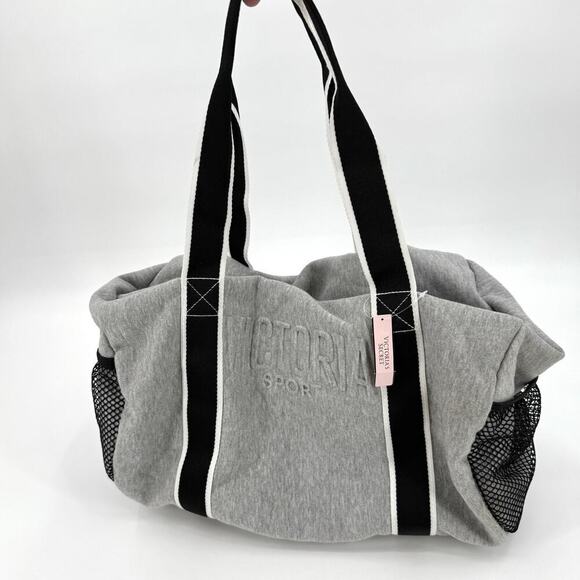 NWT VICTORIA'S SECRET GREY SOFT SPORT FLEECE MEDIUM DUFFLE BAG BLACK MESH SIDES - Picture 4 of 13